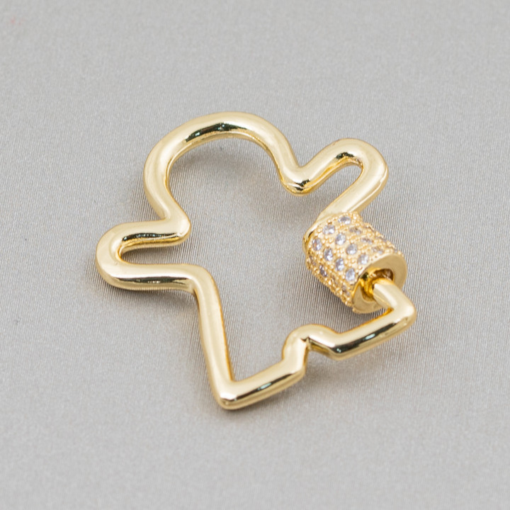 Chiusura Gancio Di Bronzo Con Zirconi Micropave' 3pz Apertura A Vite Dorato Bimbo 25x27mm