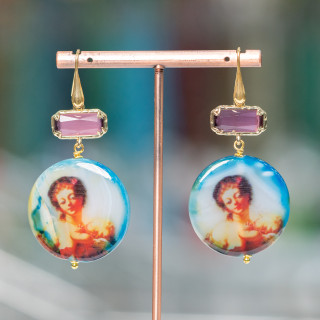 Pendientes Gancho De Plata De Ley 925 Con Ojo De Gato Bordeado Y Ágata Pantografiada 30x60mm MOD3