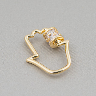 Bronze Hook Closure With Zircons Micropave' 3pcs Golden Screw Opening Hand Of Fatima 22x28mm