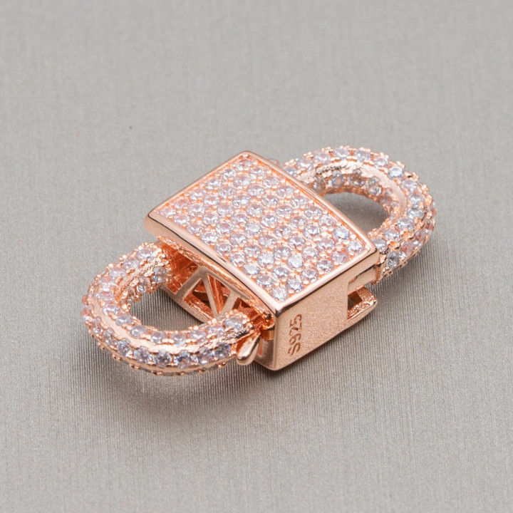 Chiusura Gancio Doppio Di Argento 925 Con Zirconi Micropave' 14x28mm 1pz Oro Rosa