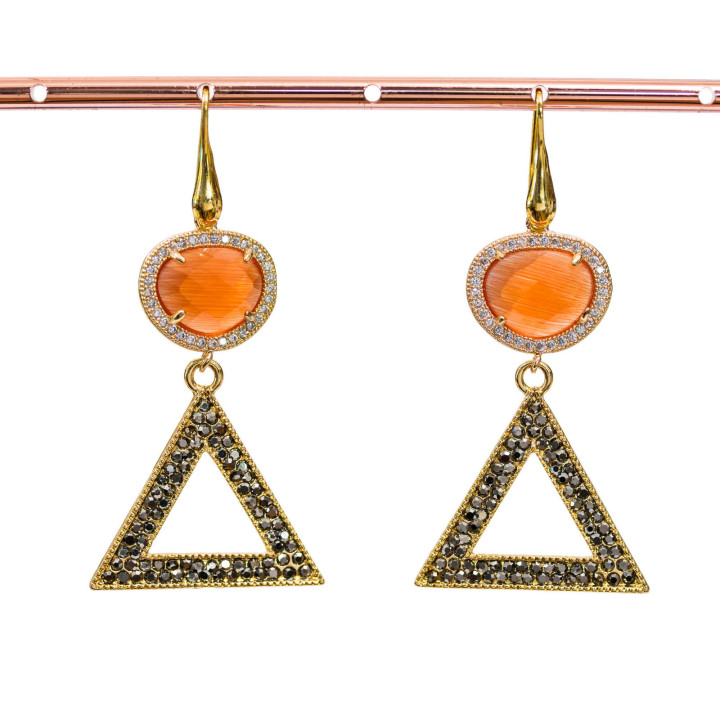 Boucles D'oreilles Crochet En Argent 925 Oeil De Chat Et Bronze Avec Marcassite Strass 28x60mm Orange