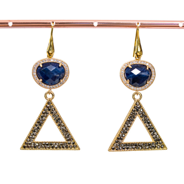 Orecchini A Monachella Di Argento 925 Con Occhio Di Gatto E Bronzo Con Marcasite Strass 28x60mm Sodalite