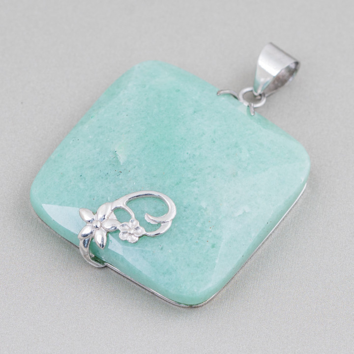 Pendentif Argent 925 Et Pierres Dures Carré Plat Facette 40mm Mod3