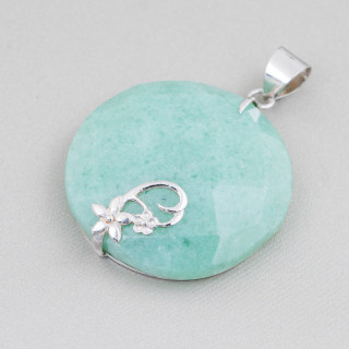 Pendant of 925 Silver and Semiprecious Stones Round Flat Faceted 40mm Mod3 Green Aventurine