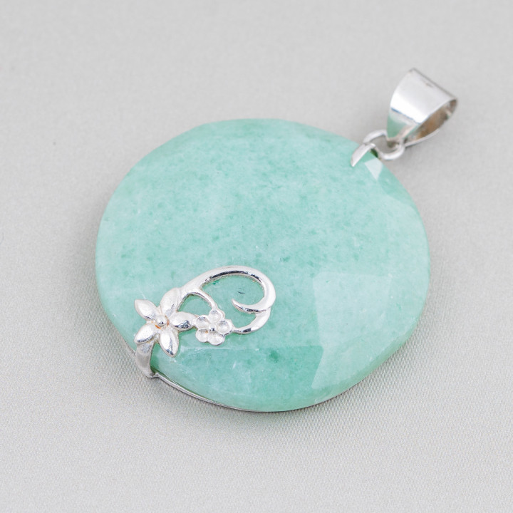 Colgante De Plata De Ley 925 Y Piedras Duras Redondo Plano Facetado 40mm Mod3 Aventurina Verde