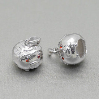 Pendentif Cochon Argent 925 Avec Zircons Orange 12x17mm 2pcs Rhodié