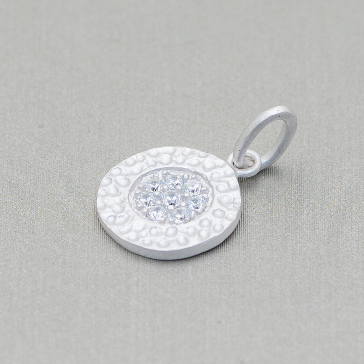 925 Silver Pendant Tumbled Medallion With Zircons 12x20mm 4pcs
