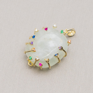 Ciondolo Pendente Di Argento 925 Quadrato Con Zirconi E Berilli 20x32mm Verde