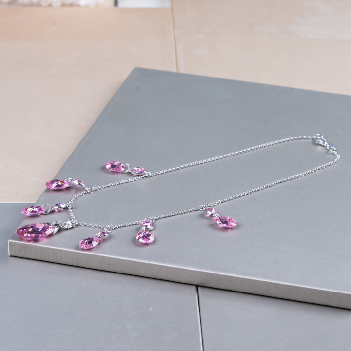 925 Silver Necklace With Chain And Pink Zircon Pendants 43cm With Central Teardrop 2.5cm