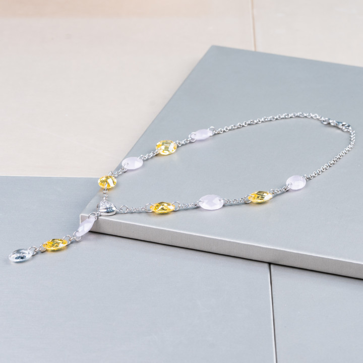 925 Silver Necklace With Rolò Chain And Yellow And Pink Oval Zircons With Central Heart 44cm And Pendant 7cm