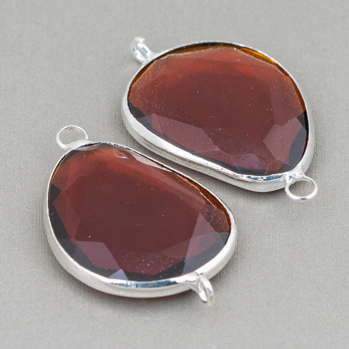 Component Connector Embedded with Irregular Mango Crystals 20x25mm with 2 Rings 10pcs Brown and Silver