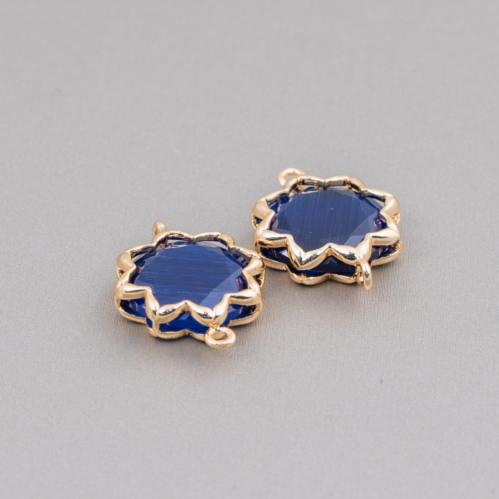 Brass Component Connector with Cat's Eye Morning Star 16mm 8pcs Blue