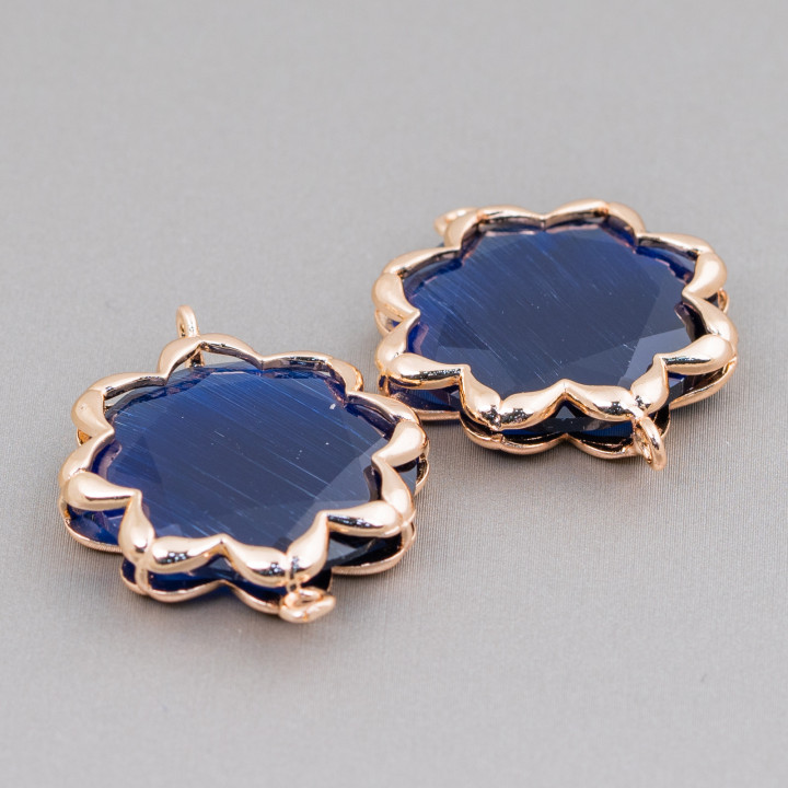 Brass Component Connector with Cat's Eye Morning Star 25mm 4pcs Blue