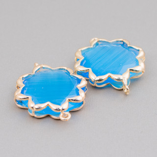 Brass Component Connector With Cat's Eye Morning Star 25mm 4pcs Light Blue