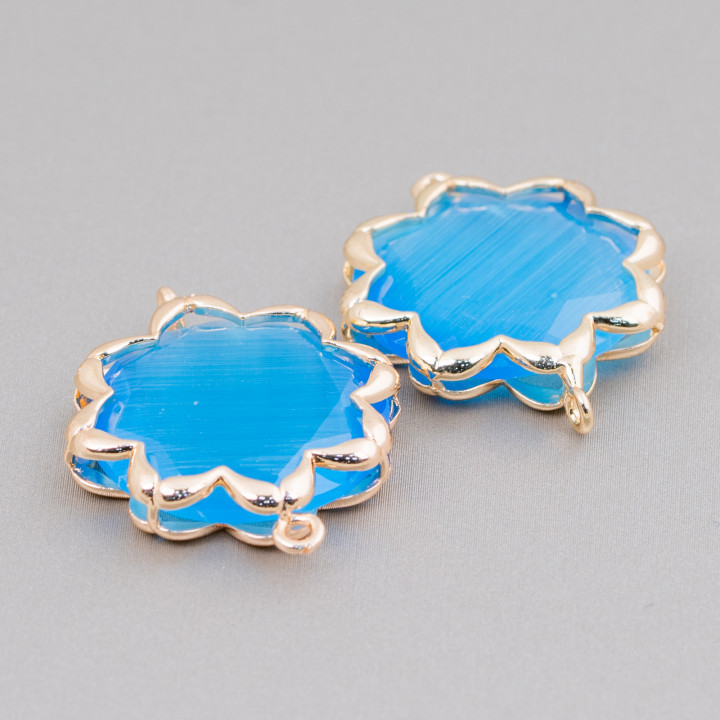 Brass Component Connector With Cat's Eye Morning Star 25mm 4pcs Light Blue