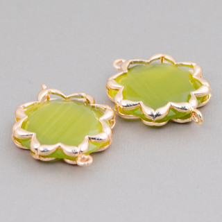 Brass Component Connector With Cat's Eye Morning Star 25mm 4pcs Acid Green