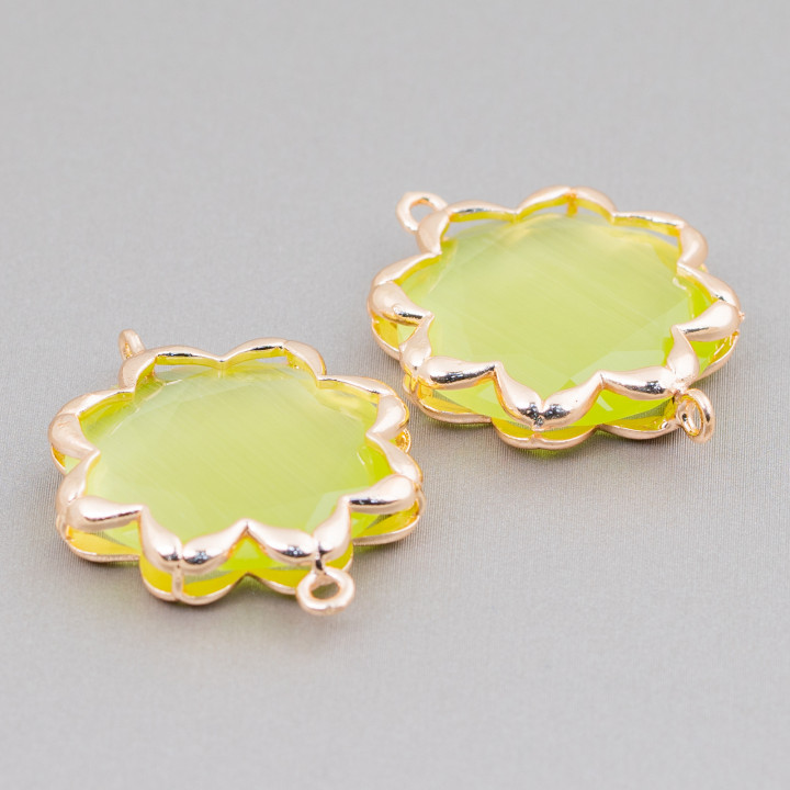 Brass Component Connector with Cat's Eye Morning Star 25mm 4pcs Light Green