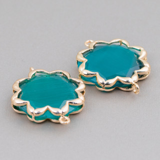 Brass Component Connector with Cat's Eye Morning Star 25mm 4pcs Emerald Green