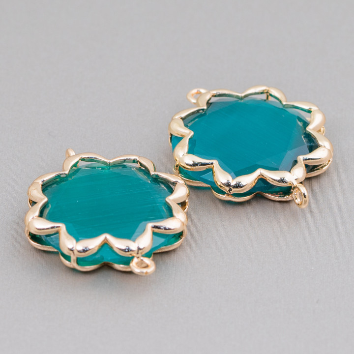 Brass Component Connector with Cat's Eye Morning Star 25mm 4pcs Emerald Green