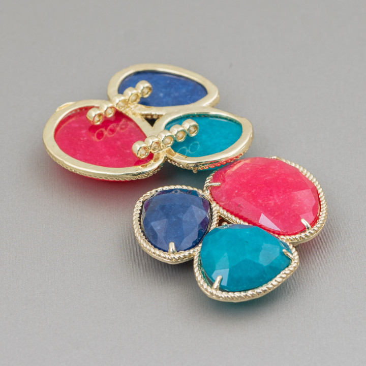Componente central de piedras preciosas de 3 piezas con base de latón 42x45 mm Rojo dorado, verde azulado, azul