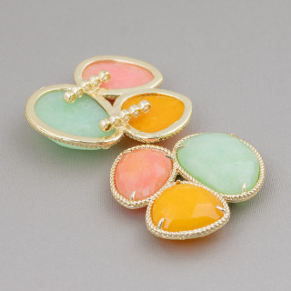 3-Piece Semi-precious Stone Central Component with Brass Base 42x45mm Golden Light Green, Yellow, Peach