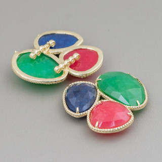 3-Piece Semi-precious Stone Central Component With Brass Base 42x45mm Golden Green, Red, Blue
