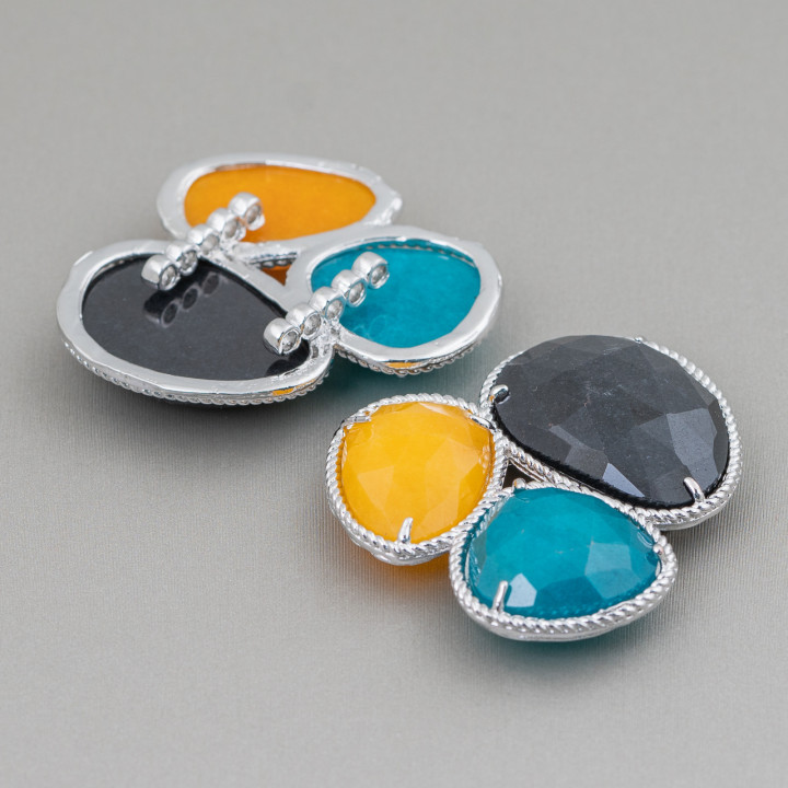 Composant central de 3 pièces pierres dures avec base en laiton 42x45mm plaqué rhodium noir, bleu sarcelle, jaune