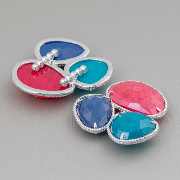 Central Component Of 3 Pieces Semi-precious Stones With Brass Base 42x45mm Rhodium-plated Red, Teal, Blue