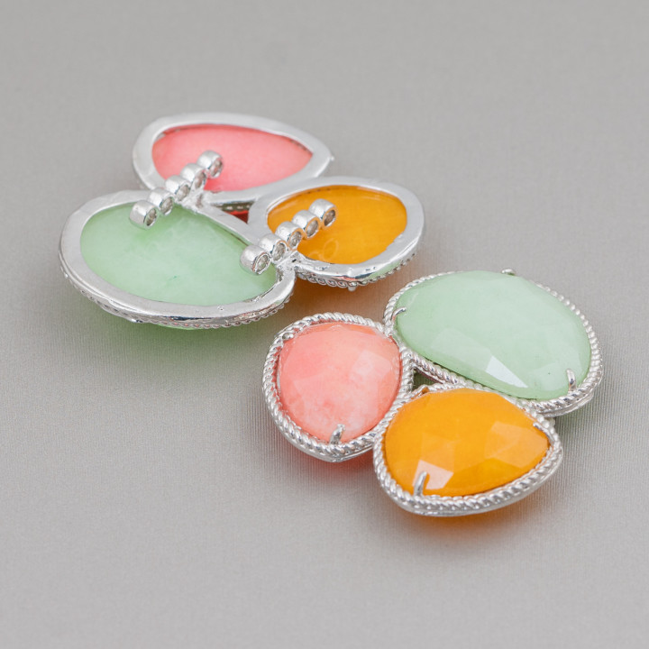 3-Piece Semi-precious Stone Central Component with Rhodium-Plated Brass Base 42x45mm Light Green, Yellow, Peach