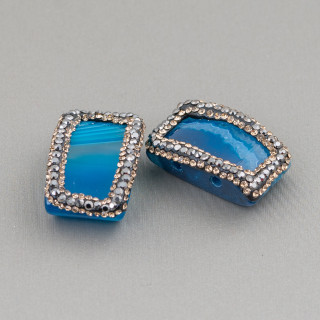 Agate Component With Marcasite Strass 2pcs 16x26mm Blue