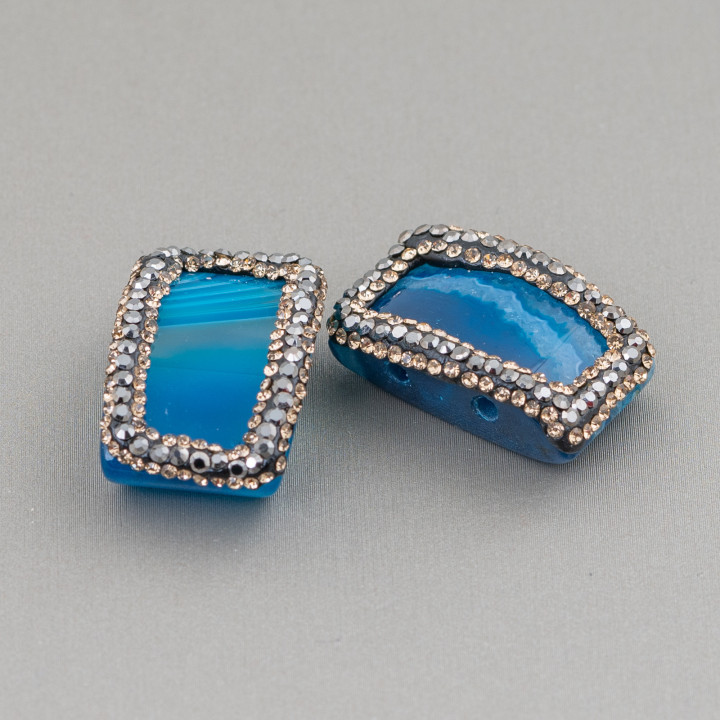 Composant Agate Avec Marcassite Strass 2pcs 16x26mm Bleu