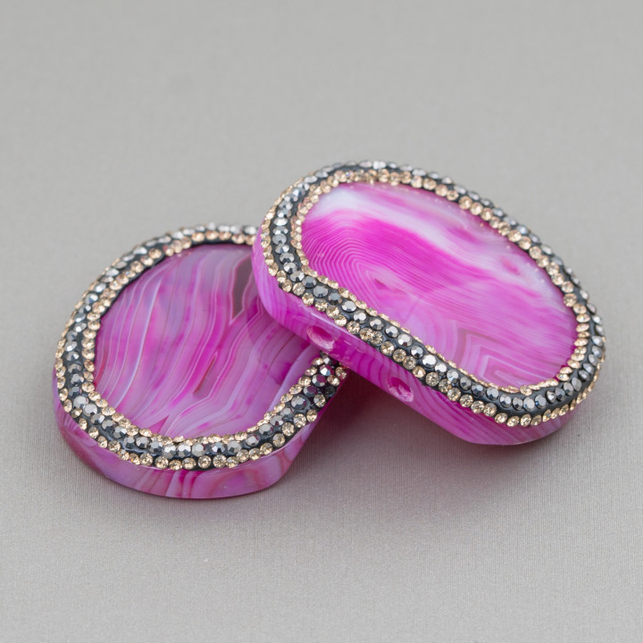 Agate Component With Marcasite Rhinestones 38x30mm 2pcs Fuchsia Agate