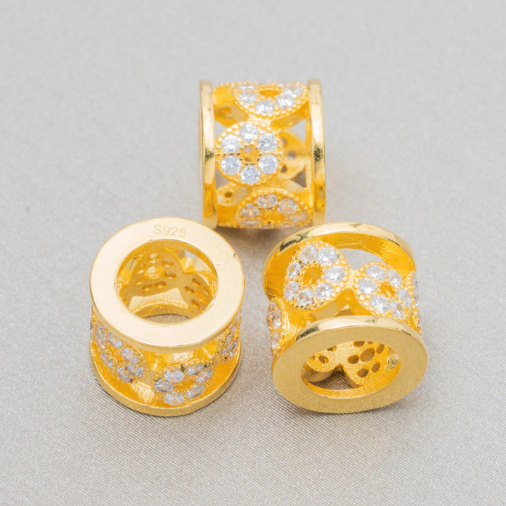 Komponente aus 925er Silber mit Zirkonen Spacer Großes Loch Unterlegscheibe Zylinder 10x8mm 4 Stück Golden