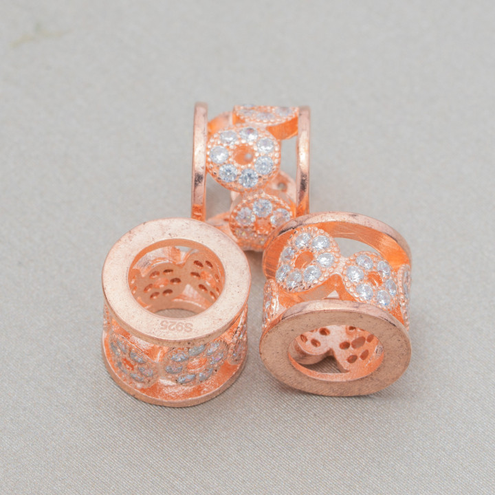 Componente Di Argento 925 Con Zirconi Distanziatore Foro Largo Rondella Cilindro 10x8mm 4pz Oro Rosa