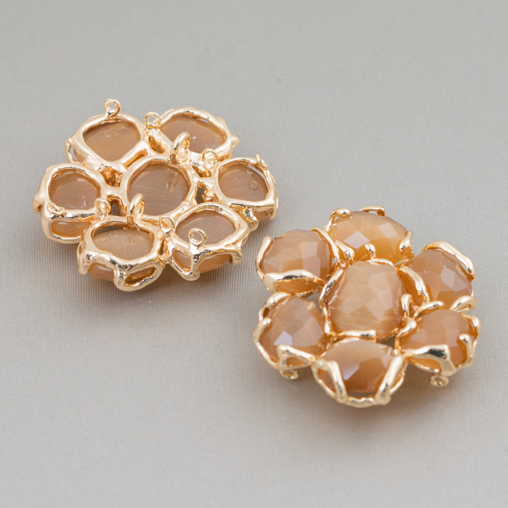 Componente Intramezzo Di Ottone Con 7 Cabochon Di Occhio Di Gatto 1pz Marrone