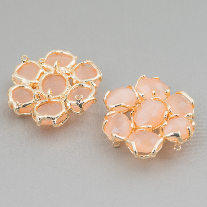 Brass Intermediate Component With 7 Cat's Eye Cabochons 1pc Peach