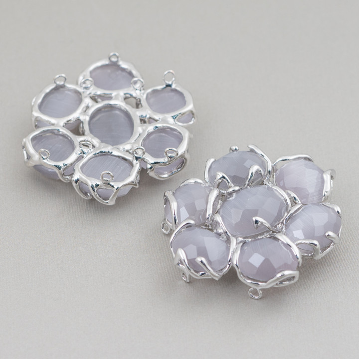 Composant Intermédiaire En Laiton Avec 7 Cabochons Oeil De Chat 1pc Plaqué Rhodium Gris
