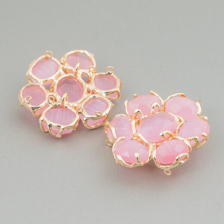 Brass Intermediate Component With 7 Cat's Eye Cabochons 1pc Pink