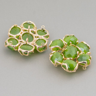 Composant Intermédiaire En Laiton Avec 7 Cabochons Oeil De Chat 1pc Vert Forêt