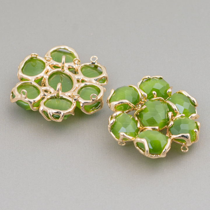 Messing-Zwischenstück mit 7 Katzenaugen-Cabochons 1 Stück Waldgrün