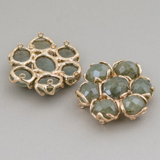 Brass Intermediate Component With 7 Semi-precious Stone Cabochons 1pc Golden Labradorite