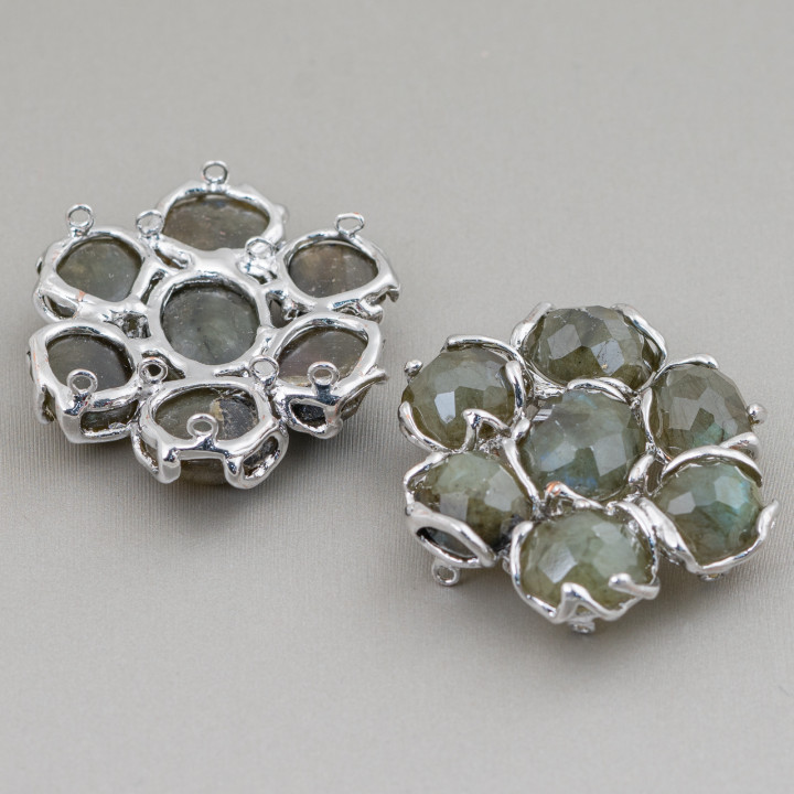 Brass Intermediate Component With 7 Semi-precious Stone Cabochons 1pc Rhodium-plated Labradorite