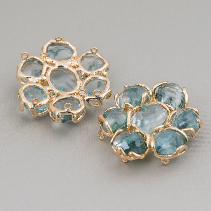 Zwischenstück aus Messing mit 7 Edelstein-Cabochons, 1 Stück Phantomquarz, golden