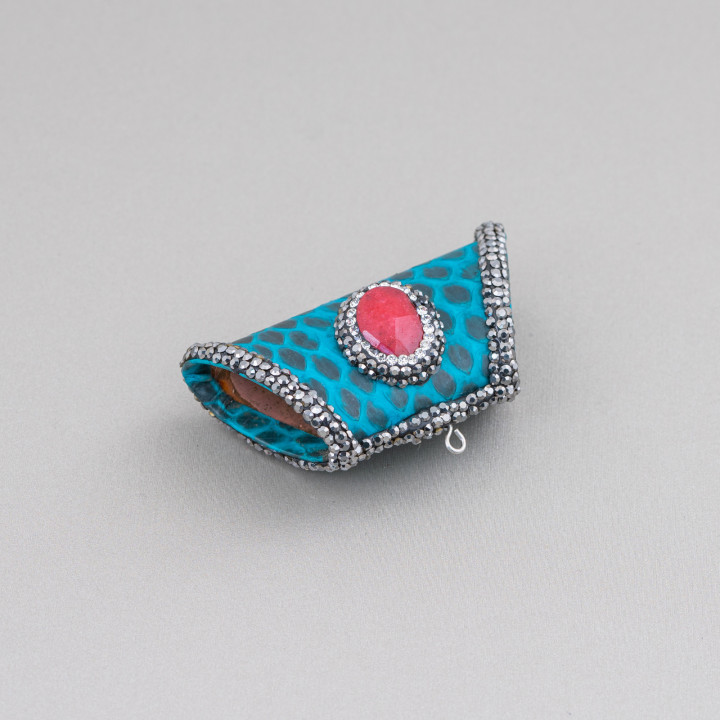 Faux Leather Intermediate Component With Trapezoid Marcasite Rhinestones With Semi-precious Stones 52x26mm 1pc MOD14