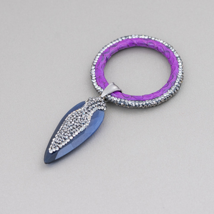 Ενδιάμεσο Εξάρτημα Cat's Eye Simulation Leather and Marcasite Rhinestones 45x90mm 1pc