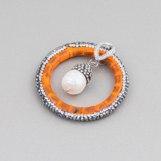 Component of Imitation Leather of River Pearls with Marcasite Rhinestones 45mm Orange