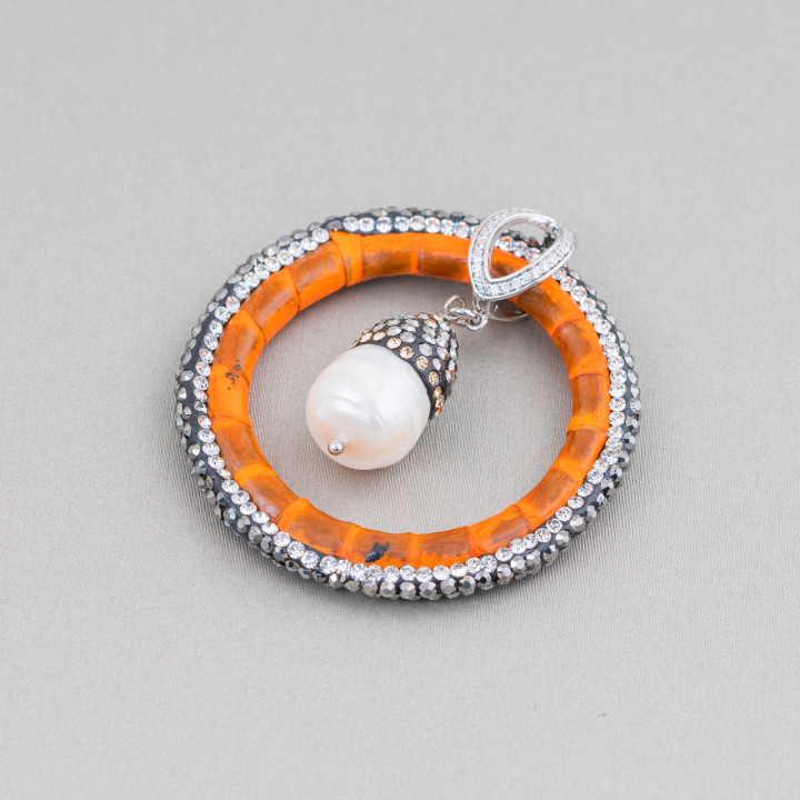 Zwischenstück aus Kunstleder mit Flussperlen mit Markasit-Strass 45mm Orange