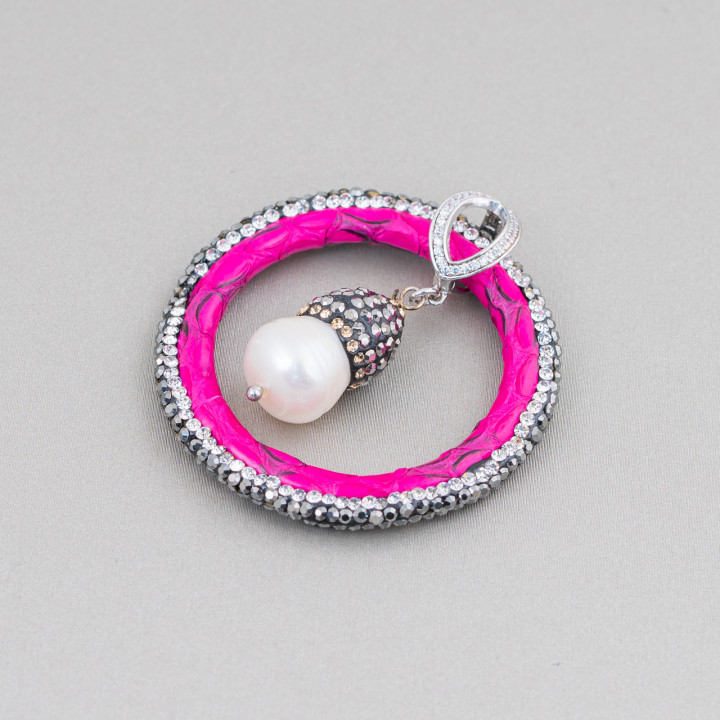 Component of Imitation Leather of River Pearls with Marcasite Rhinestones 45mm Fuchsia