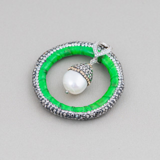 Zwischenstück aus Kunstleder mit Flussperlen mit Markasit-Strass 45mm Grün