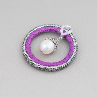 Componente Intramezzo Di SimilPelle Di Perle Di Fiume Con Marcasite Strass 45mm Viola
